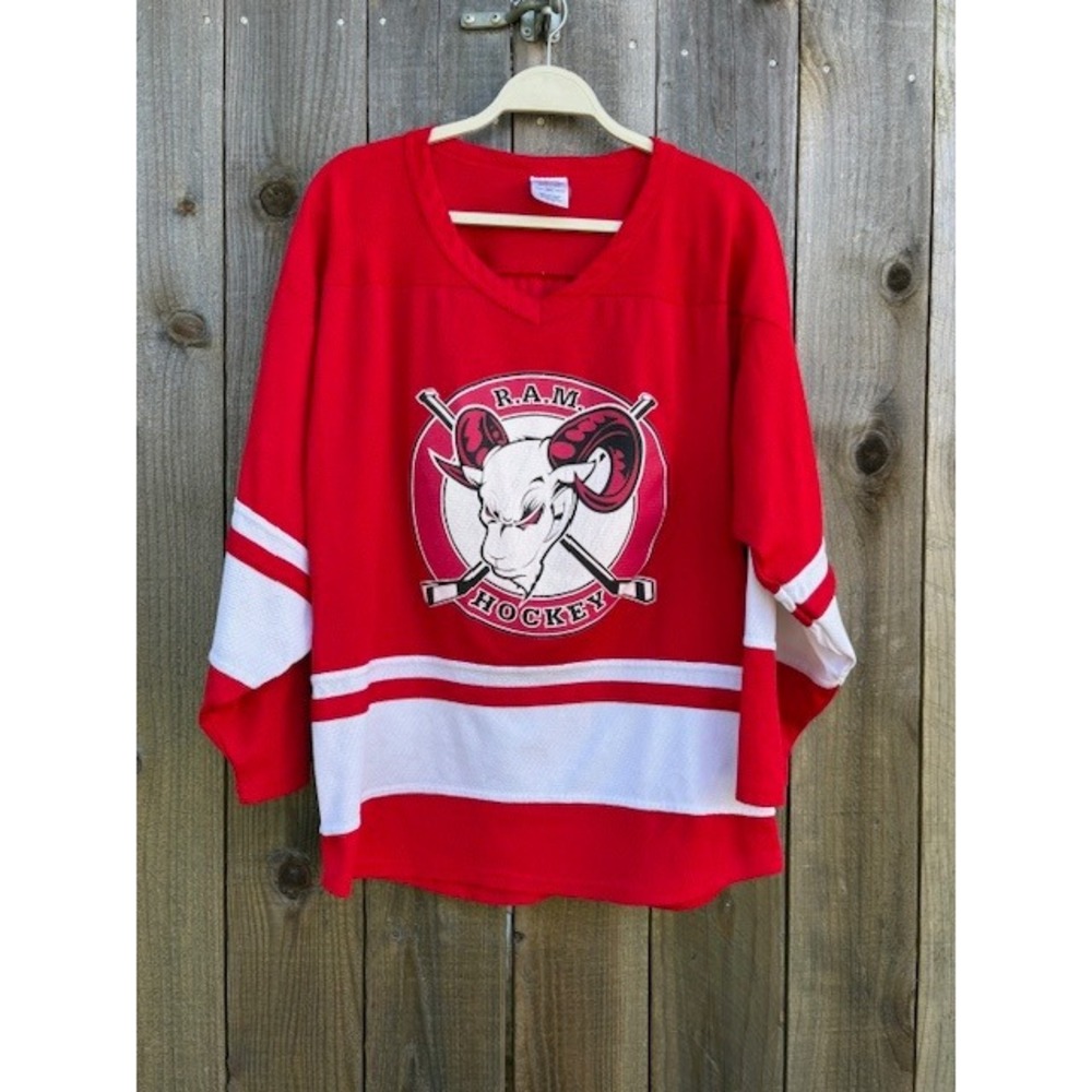 Vintage Athletic Knit RAM Hockey Jersey‎ Small Red White V-Neck Mesh AK CA01635